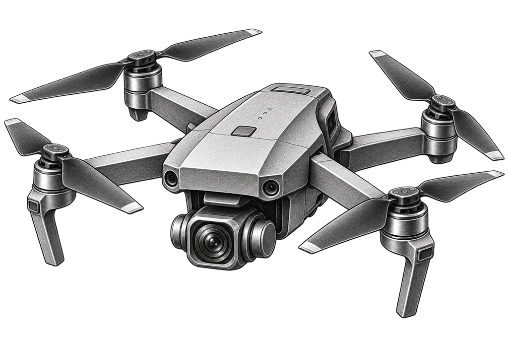 Pencil illustration of a camera drone representing drones and video gear
