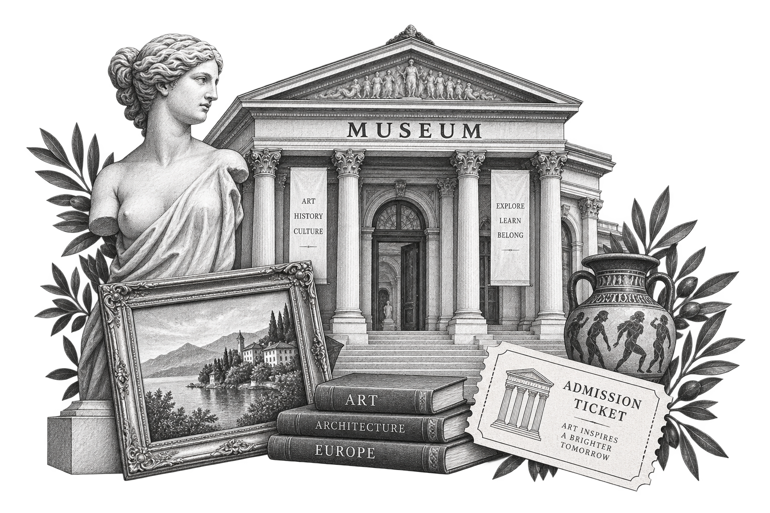 Graphite illustration of a European museum, art and an admission ticket.