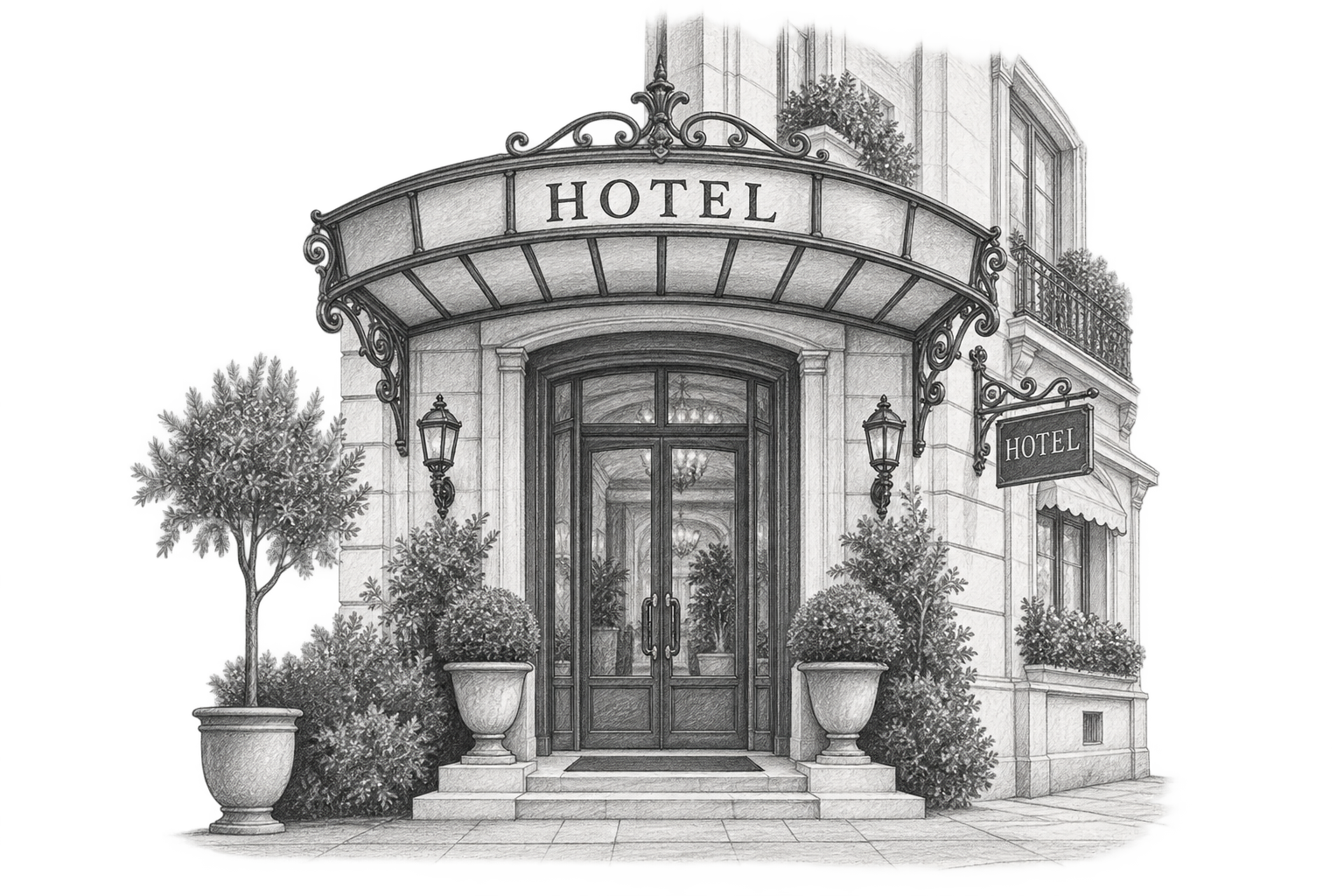 Graphite illustration of a European hotel entrance.